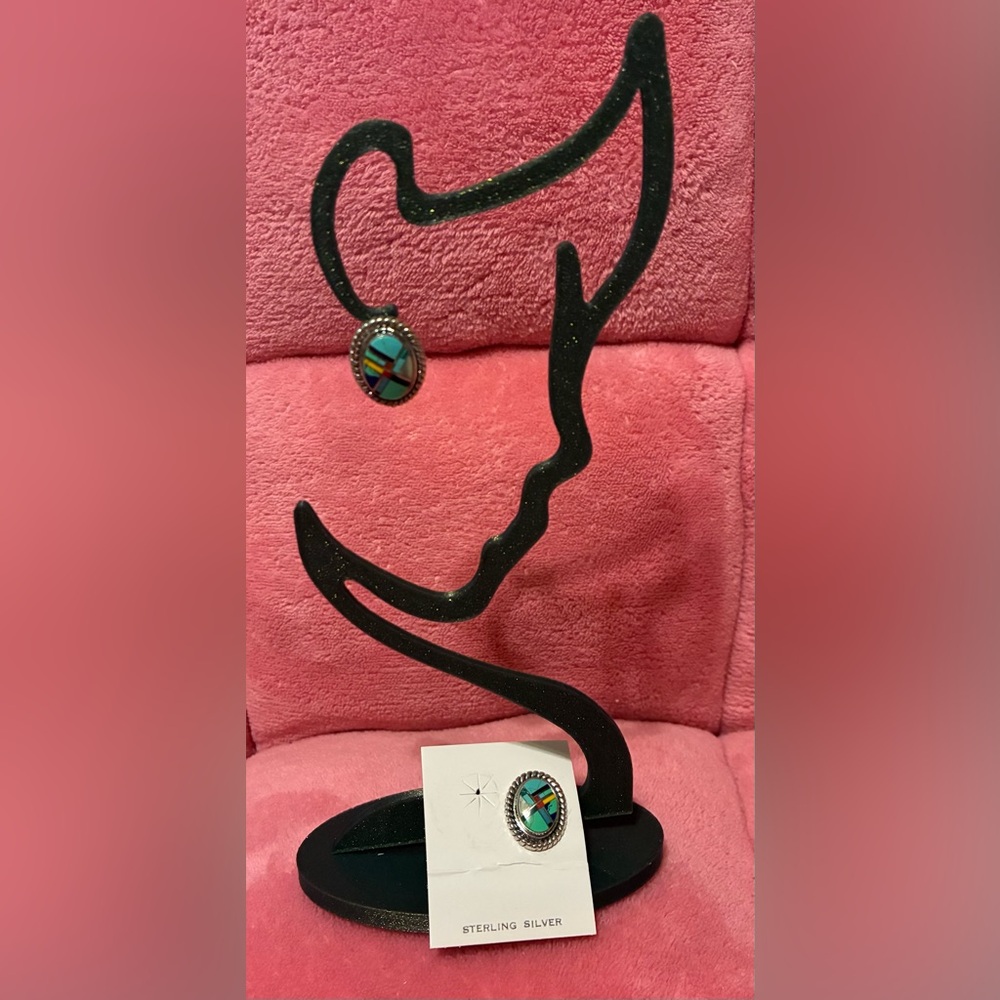 Sterling Silver Turquoise and Black Oval Earrings